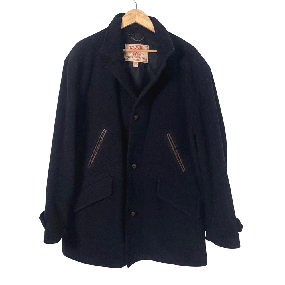 Guess Jeans Car Coat Mens XL Navy Blue Excellent Wool Blend Button Front Jacket